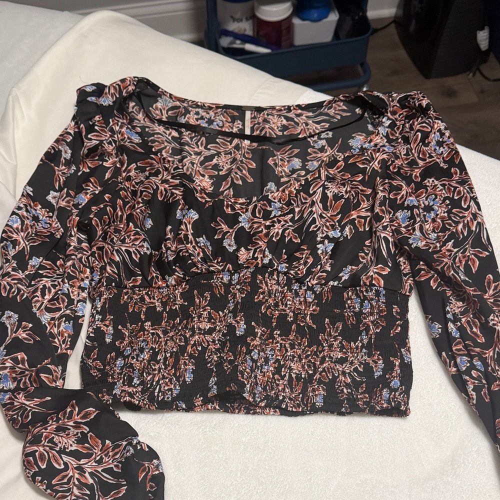 FP Movement by Free People Black Floral Smocked Crop Top